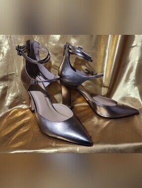 Metallic Silvery Bronze Double Ankle-Strap Women's Pumps